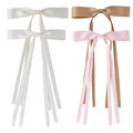 Satin bow hair clips with long ribbons in cream, khaki, and pink colors - Style A Set of 4
