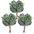 Three bundles of artificial green eucalyptus leaves with small white flowers for home decor - Pointed Leaf with Berries [Eucalyptus]