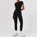Slim fit black yoga set featuring short sleeve t-shirt and high waist compression leggings - S / T-shirt + Leggings Premium Black