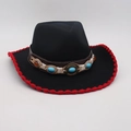 Black wool felt fedora with red crochet edge and turquoise beaded ethnic hat band - One Size / Black Red Edge (Blue Yellow Belt)