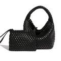Handwoven black leather tote set with matching pouch in classic intrecciato style - Black