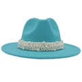 Close-up of pearl bead decorative band on a wide brim lake blue wool fedora hat - Lake Blue (Large Pearl)