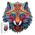 Colorful wolf-shaped wooden puzzle size S with matching box in vibrant blue and orange - F11 Wolf - Size S