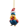 Cartoon chicken Christmas hanging ornament in yellow and blue with a festive red hat - Chick with Two Hats