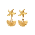 Goldene Seestern und Muschel Ohrhänger mit weißen Perlen für sommerlichen Ozean Schmuck - Goldene Seestern-Muschel-Perlenohrringe (CK587)