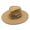 Classic camel wool fedora hat with matching ribbon bow and wide brim on white background - M (56-58cm) / Camel Style 2