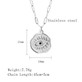 Silver stainless steel evil eye necklace with paperclip chain and detailed dimensions - Silver