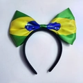 Decorative bow headband featuring the vibrant Brazil national flag pattern in satin fabric - Brazil Flag