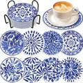 Set of 8 blue and white porcelain DIY diamond painting coasters with black metal holder - Blue and White Porcelain Floral Style (41) / 8 Pieces/Pack (With Metal Holder)
