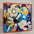 Square silk scarf with abstract floral patterns in vibrant colors and orange borders - Orange-edged Sunflower Scarf / 65
