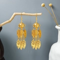 Ethnic peacock tassel drop earrings in bright gold finish with bohemian leaves - E2988-2 Long Tassel Metal Engraved