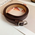 Slim dark brown leather belt with matte silver buckle and detailed stitching - 70# Waist Chain - Dark Coffee
