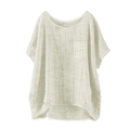 Women's beige loose linen short sleeve top with a round neck and front chest pocket - White