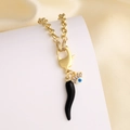 Gold evil eye and black cornicello chili pendant necklace with thick toggle chain link - Black