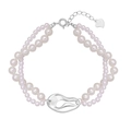 925 silver double-layer bracelet with white and pink pearls and S925 heart charm - 925 Silver / White Gold