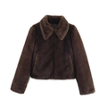 Chaqueta de piel sintética marrón oscuro para mujer con solapa ancha y corte corto - XS / café