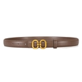 Slim dark brown leather belt for women with elegant matte gold double ring buckle - Elephant Gray