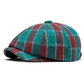 Classic newsboy cap featuring dark red and teal plaid pattern in thick wool blend - Adjustable / Octagonal Newsboy Style / Green Checkered