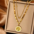 Double-layered gold necklace with beaded chain and sparkling diamond eye pendant - Rhinestone Eye Double Layer Necklace (N-41)