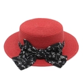 Red straw boater hat with a floral print ribbon and large bow for summer beach sun protection - Red / M (56-58cm)