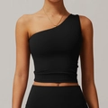 Women's black one-shoulder yoga set with high-waist leggings for athletic gym workouts - Premium Black