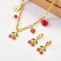 Sweet red strawberry and flower titanium steel jewelry set including necklace and earrings - Necklace + Earrings Set