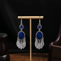 Bohemian silver drop earrings with blue stone accents and metal leaf tassels - Blue Faux Gem Leaf Tassel Style (E6014-3)