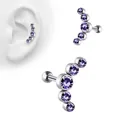 Surgical steel curved piercing with five purple crystals and ball screw back closure - Ball Style / Violet