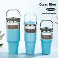 Ocean blue stainless steel insulated tumblers in 20oz, 30oz, and 40oz sizes with handles - Single Drink Lid Ocean Blue