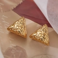 Macro shot of gold triangular earrings with unique hammered metal texture and crinkled finish - Gold Triangle Style (45049)