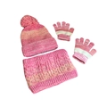 Vista detallada del conjunto de punto degradado rosa y naranja con gorro y bufanda - Rosa/Beige Degradado