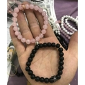 8mm stone bead couple bracelets with magnetic attraction and pink black crown pendants - Rose Quartz with Matte Crown Pair (皇冠粉晶/磨砂1对)