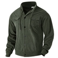 Men's dark green corduroy jacket with drawstring collar and chest pockets on white background - S / Army Green