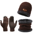 Winter set with knitted beanie, scarf and touchscreen gloves in dark brown fleece - Coffee Hat Neck Scarf & Gloves 3-Piece Set