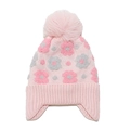 Pink knit winter trapper hat for girls with warm floral patterns and a large fluffy pompom - Pink