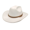 Classic white wool jazz fedora hat with a brown leather belt and golden buckle - M (56-58cm) / White