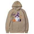 Dark khaki Halloween hoodie featuring ghost, pumpkin, and black cat graphics on jersey fabric - Camel