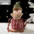 Christmas snowman drawstring gift bag in red with JOY print and green knit hat 15x24cm - Snowman Apple Bag A