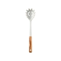 White silicone pasta server with wooden handle and jagged edges for easy kitchen serving - Spaghetti Server