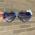 Dark blue heart-shaped kids sunglasses with silver glitter and light blue flower accents - Translucent Blue Glitter With Gradient Gray Lens