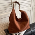 Caramel brown suede tote bag with large capacity and vintage matte finish styling - Brown