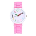 Detailed macro of pink silicone watch strap with square texture and colorful pencil hands - Pink
