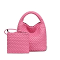 Pink hand-woven hobo bag with matching square zipper pouch and intricate leather texture - Ribbon Pink