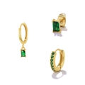 Golden earrings set with green emerald-cut stones featuring hoops and studs style - Gold Green Gemstone 3-Piece Combination Set (#56)