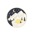 Circular enamel camping badge featuring white mountains and yellow tent on blue background - Blue Round Night Camp