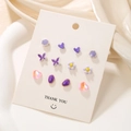 Lot de six paires de boucles d'oreilles colorées avec papillons et fleurs violet et rose - Ensemble Cœur Papillon Violet Romantique (E1286-1)