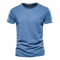 Slim fit men's crewneck T-shirt in blue slub cotton with short sleeves for summer - Denim Blue