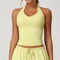 Slim fit light yellow halter yoga top with V-neckline made from brushed elastic fabric - S / Light Yellow