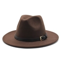 Detail showing the dark brown wool felt fedora with a black faux leather belt and gold buckle - Dark Coffee