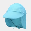 Detailansicht der hellblauen Kinder-Sonnenmütze mit Nackenschutz und Bindeband - 50-56cm / Himmelblau